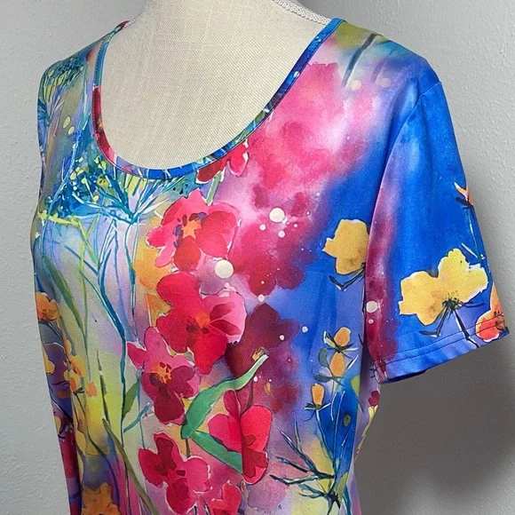 Colorful Short Sleeve Dress XL Pink Purple Yellow Floral Round Neckline Breezy - Picture 3 of 9